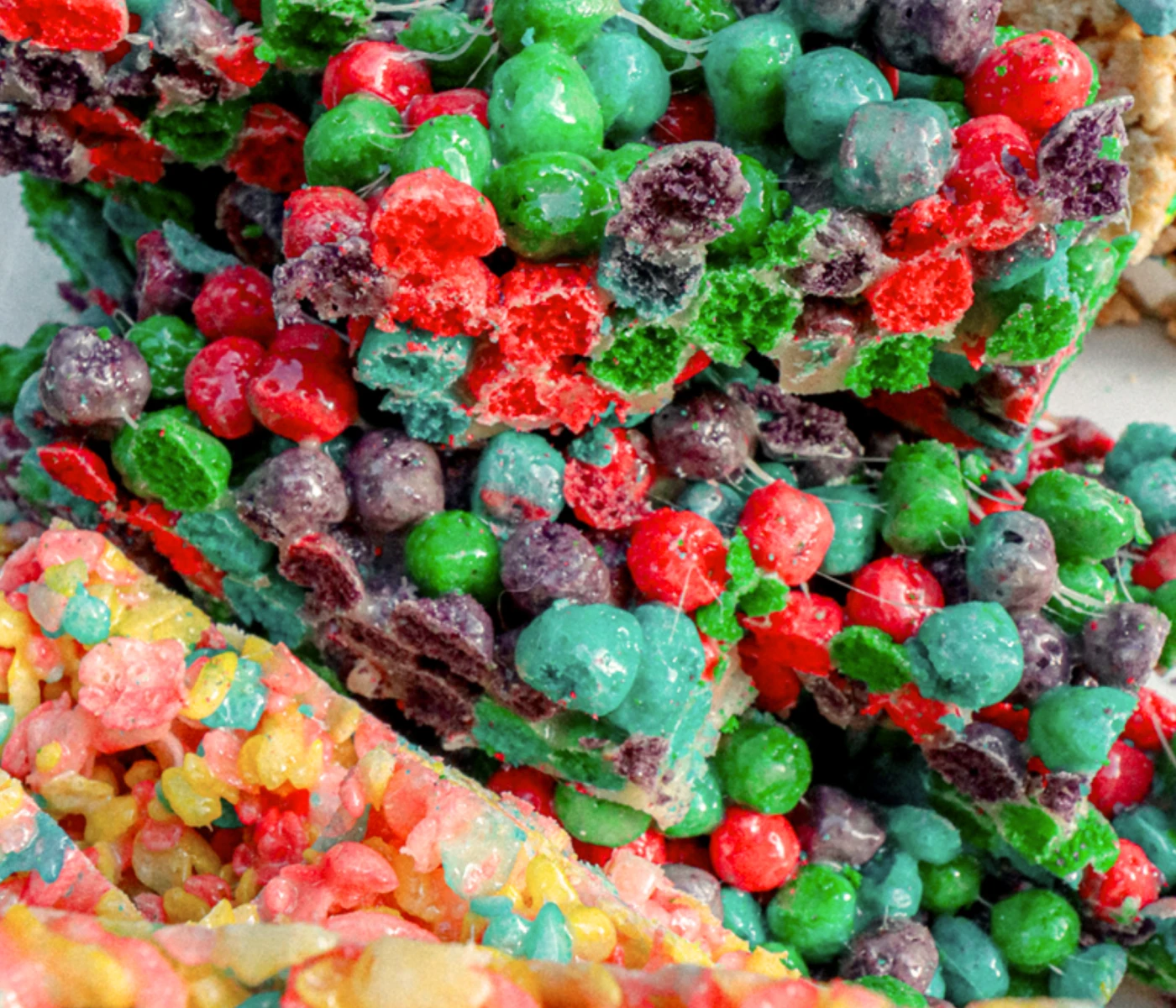 Fruity pebbles breakfast cereal krispie treats.