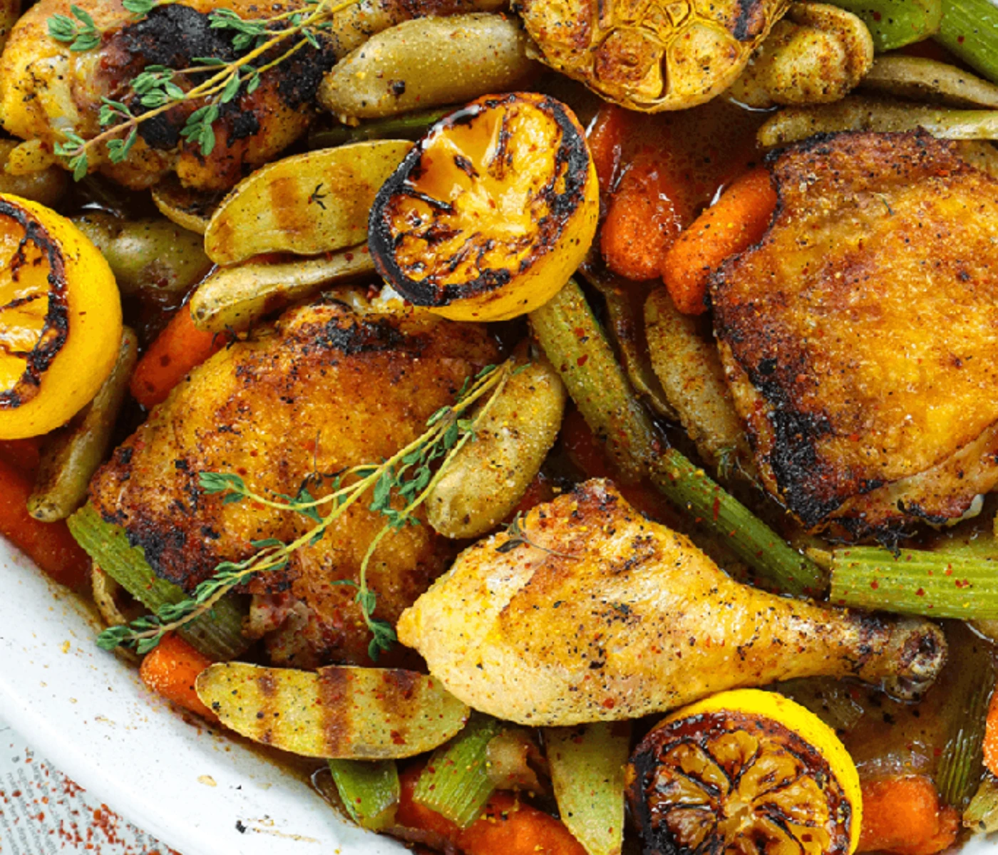 Roasted lemon garlic chicken with caramelized roasted veggies.