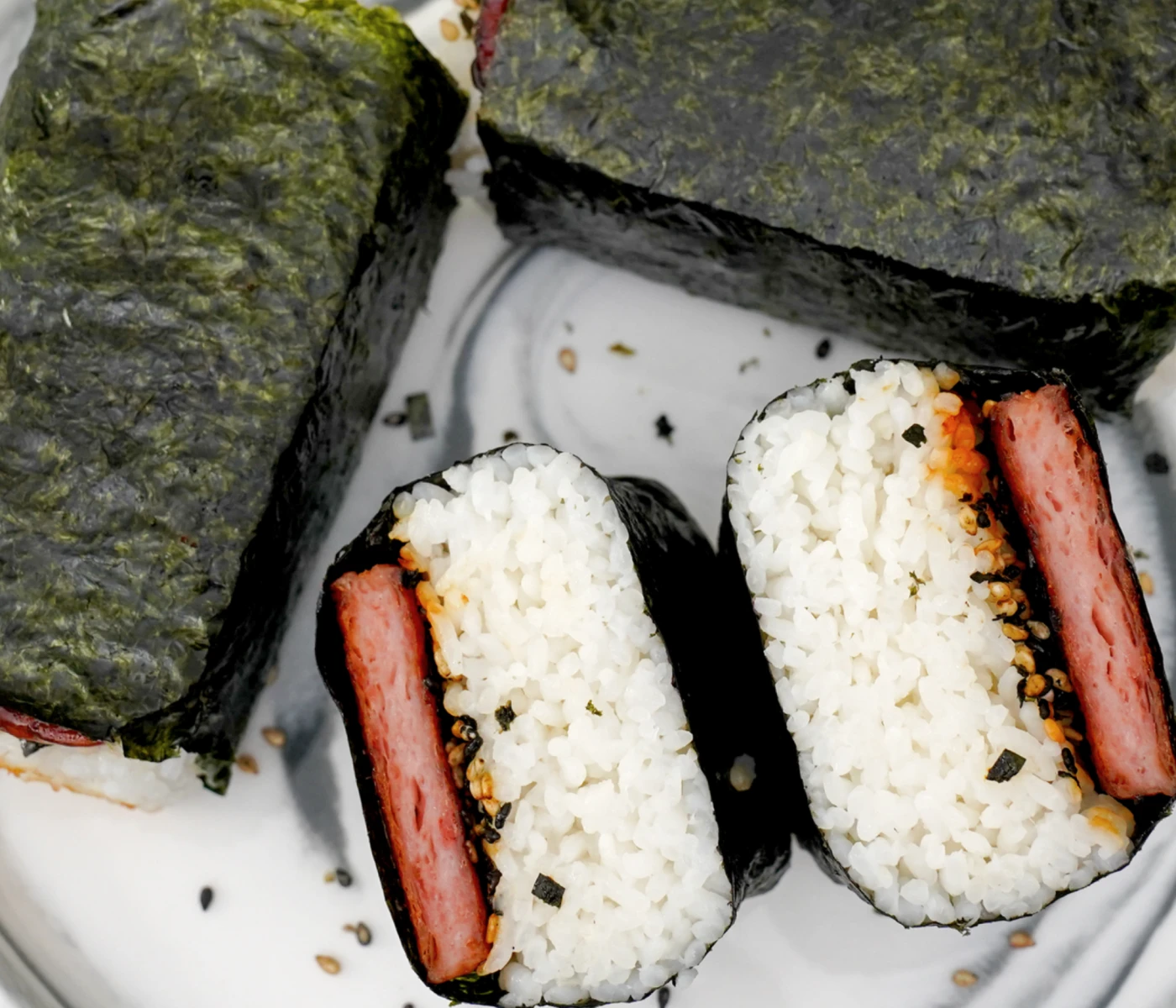 Spam musubi, cut in half.